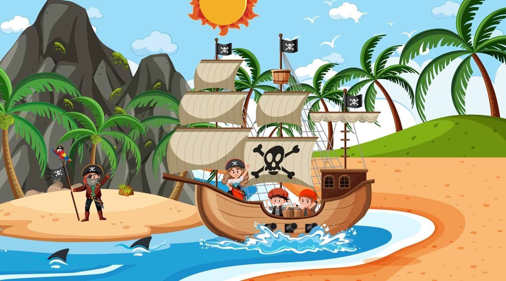 playa con barco pirata en la escena diurna en estilo de dibujos animados vector