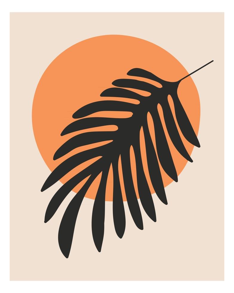 rama de palma y fondo de sol. Tendencias de fondo de pantalla de arte de pared boho minimalista. impresión abstracta de plantas tropicales botánicas dibujadas a mano. cartel de color natural decoración de interiores. ilustración vectorial de stock vector