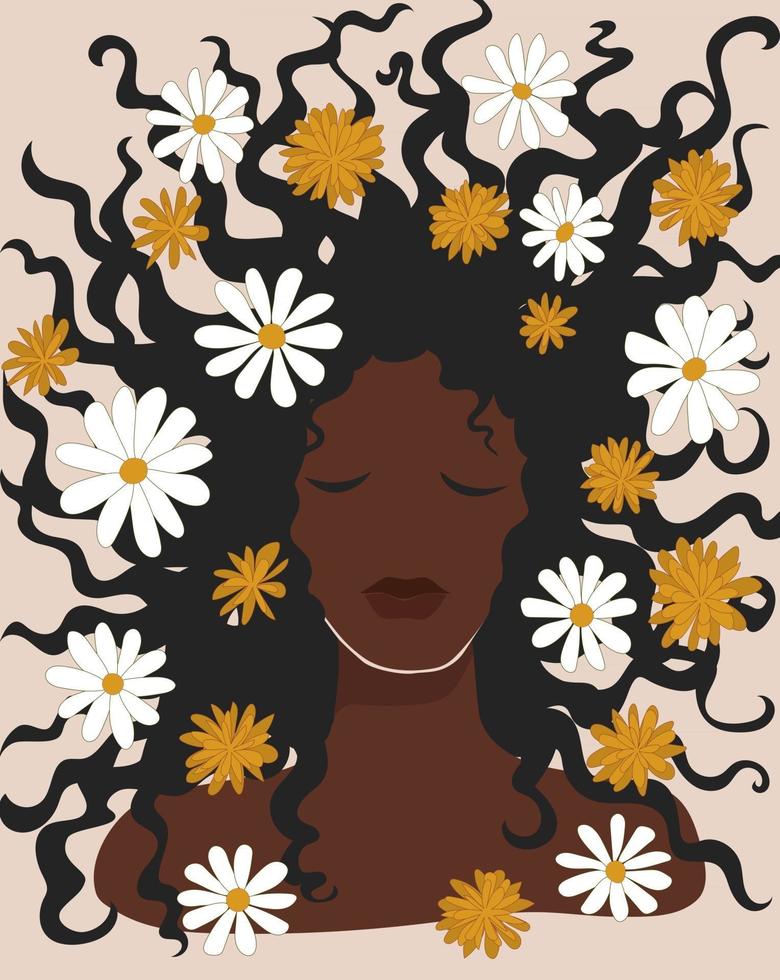 Beautiful black woman with chamomile flowers in her loose hair. Boho mid century wall art. Dark skinned brunette girl. Hand drawn printable poster postcard. Stock vector minimal illustration.
