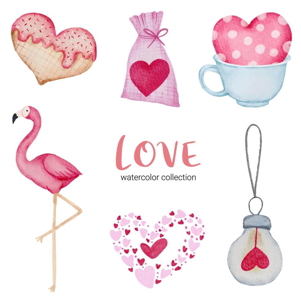 conjunto de gran aislado elemento de concepto de San Valentín acuarela corazones rojos y rosados románticos encantadores para la decoración, ilustración vectorial. vector