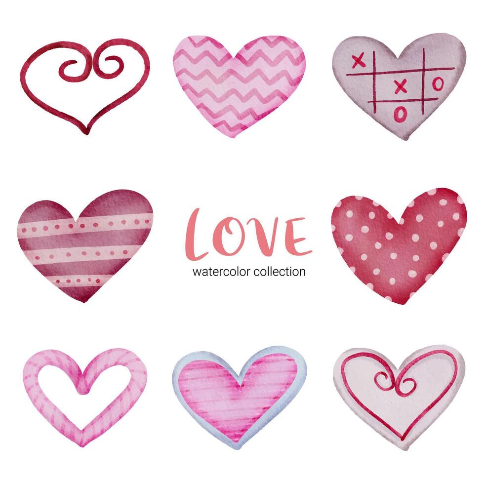 Set of big isolated watercolor valentine concept element lovely romantic red-pink hearts for decoration, Vector illustration.