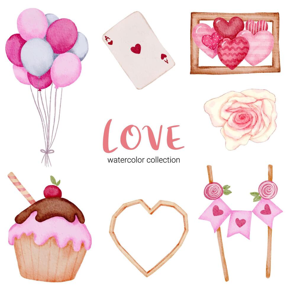 Set of big isolated watercolor valentine concept element lovely romantic red-pink hearts for decoration, Vector illustration.