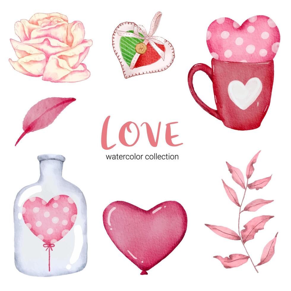 conjunto de gran aislado elemento de concepto de San Valentín acuarela corazones rojos y rosados románticos encantadores para la decoración, ilustración vectorial. vector