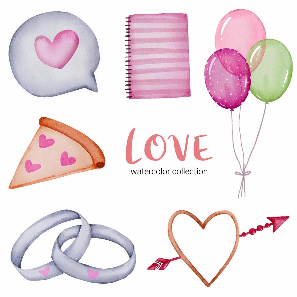 Set of big isolated watercolor valentine concept element lovely romantic red-pink hearts for decoration, Vector illustration.