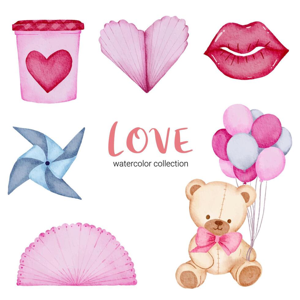 Set of big isolated watercolor valentine concept element lovely romantic red-pink hearts for decoration, Vector illustration.