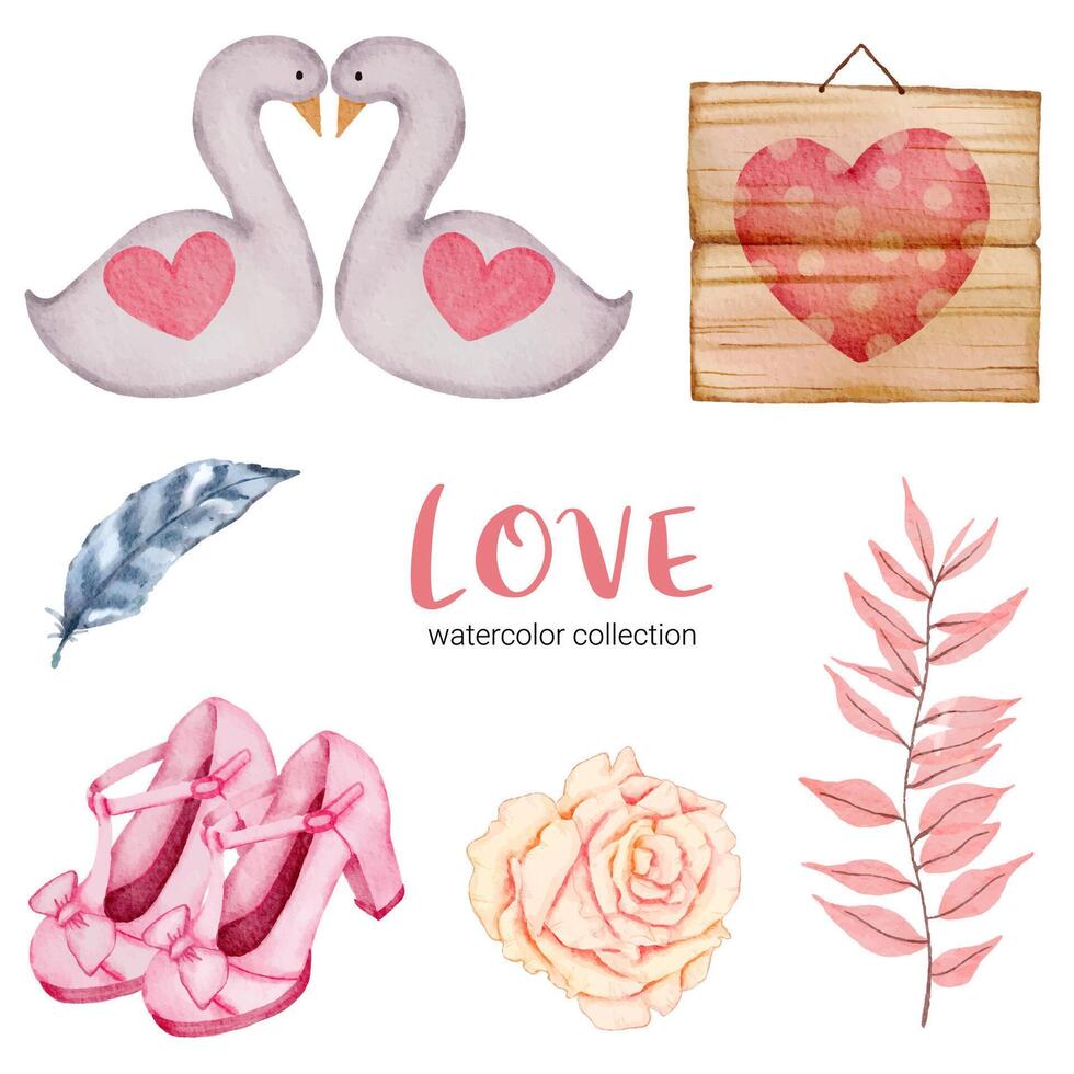 conjunto de gran aislado elemento de concepto de San Valentín acuarela corazones rojos y rosados románticos encantadores para la decoración, ilustración vectorial. vector