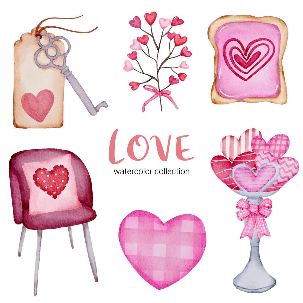 conjunto de gran aislado elemento de concepto de San Valentín acuarela corazones rojos y rosados románticos encantadores para la decoración, ilustración vectorial. vector