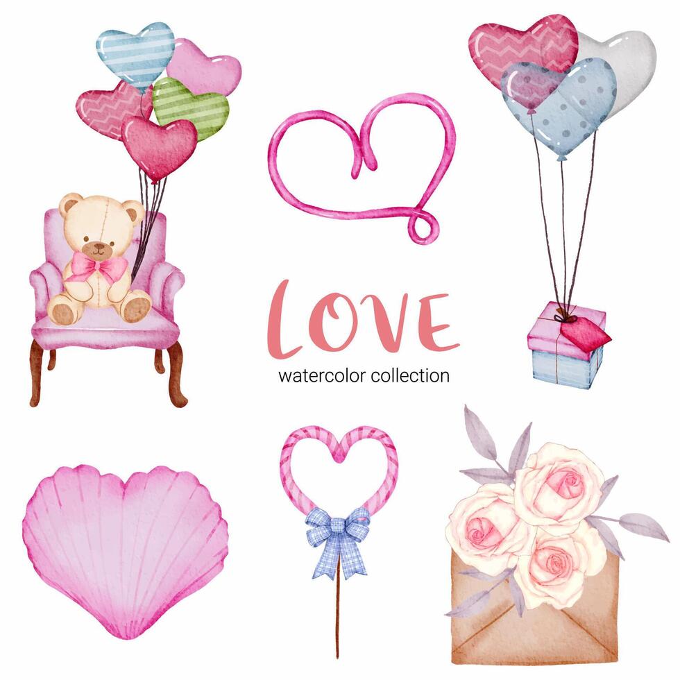 Set of big isolated watercolor valentine concept element lovely romantic red-pink hearts for decoration, Vector illustration.