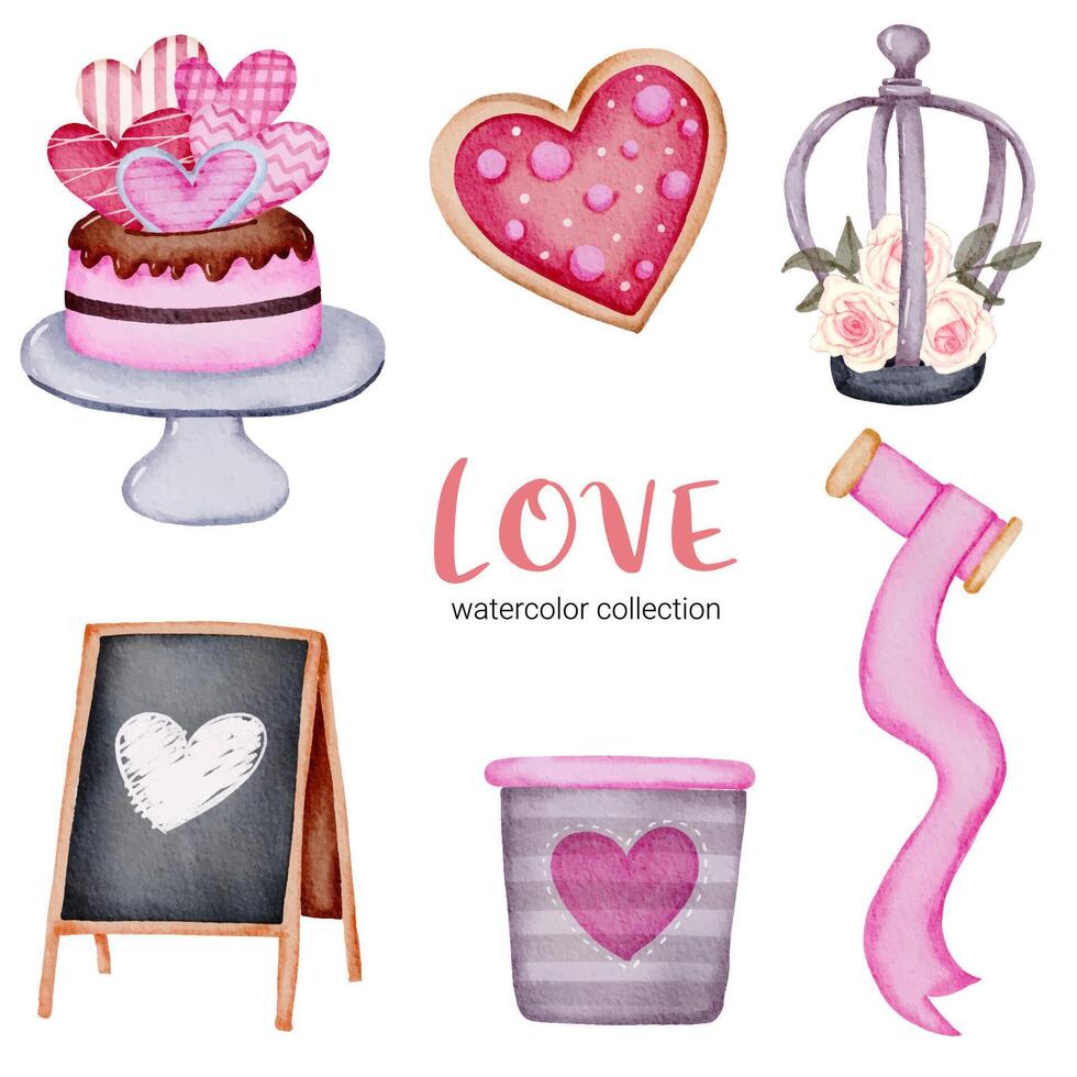 conjunto de gran aislado elemento de concepto de San Valentín acuarela corazones rojos y rosados románticos encantadores para la decoración, ilustración vectorial. vector