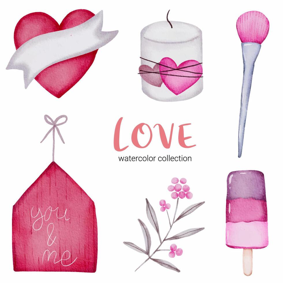 Set of big isolated watercolor valentine concept element lovely romantic red-pink hearts for decoration, Vector illustration.