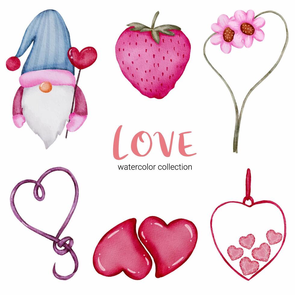 conjunto de gran aislado elemento de concepto de San Valentín acuarela corazones rojos y rosados románticos encantadores para la decoración, ilustración vectorial. vector