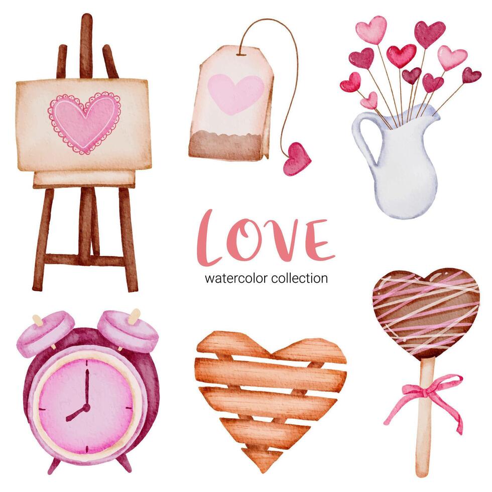 Set of big isolated watercolor valentine concept element lovely romantic red-pink hearts for decoration, Vector illustration.