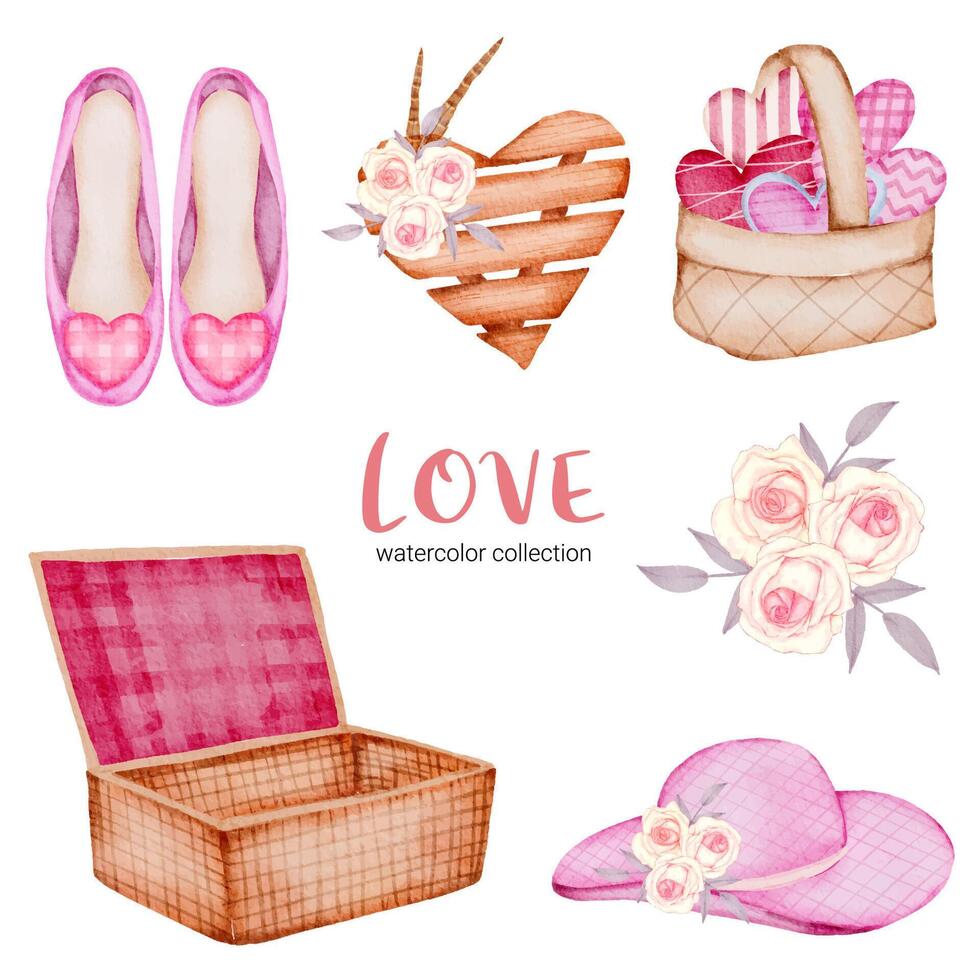 conjunto de gran aislado elemento de concepto de San Valentín acuarela corazones rojos y rosados románticos encantadores para la decoración, ilustración vectorial. vector