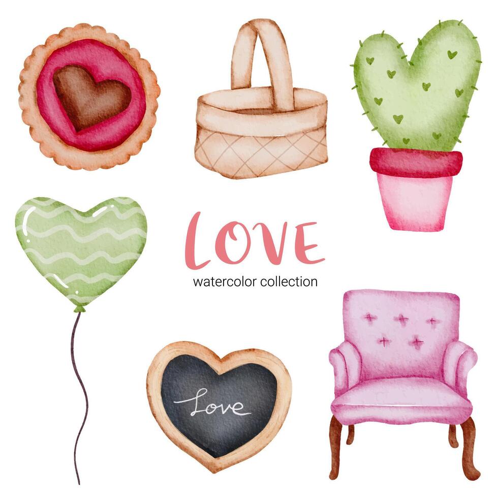 conjunto de gran aislado elemento de concepto de San Valentín acuarela corazones rojos y rosados románticos encantadores para la decoración, ilustración vectorial. vector