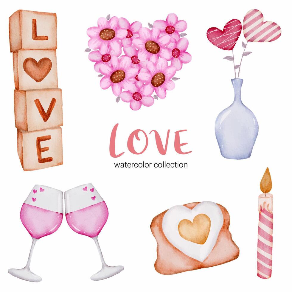 Set of big isolated watercolor valentine concept element lovely romantic red-pink hearts for decoration, Vector illustration.