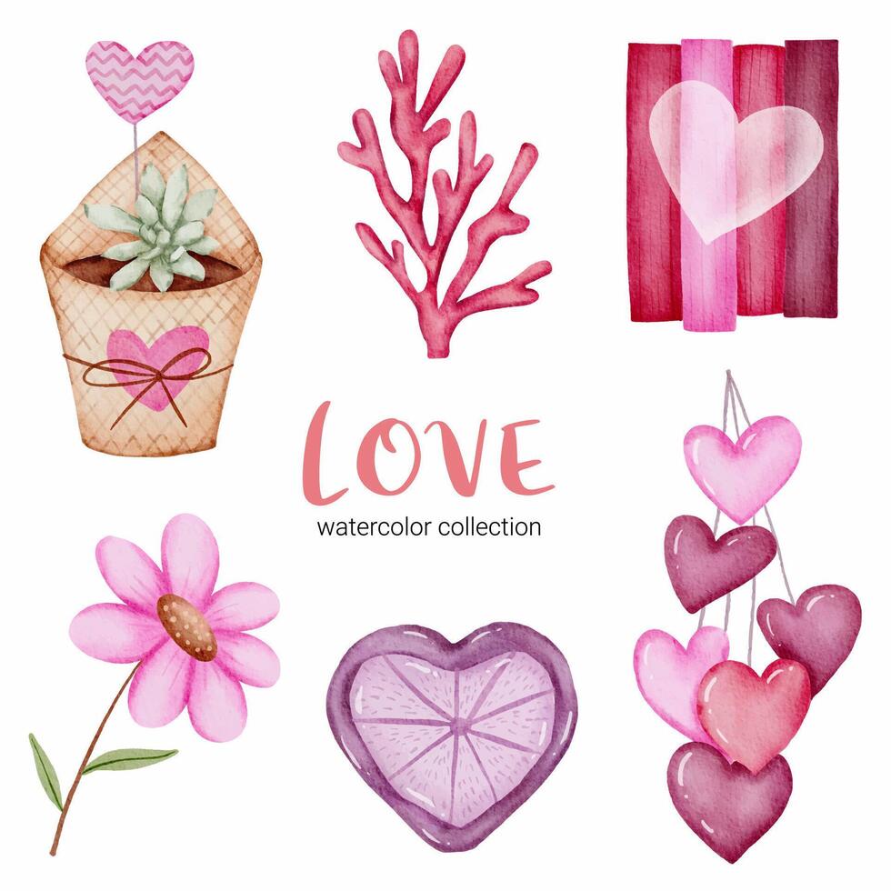 Set of big isolated watercolor valentine concept element lovely romantic red-pink hearts for decoration, Vector illustration.