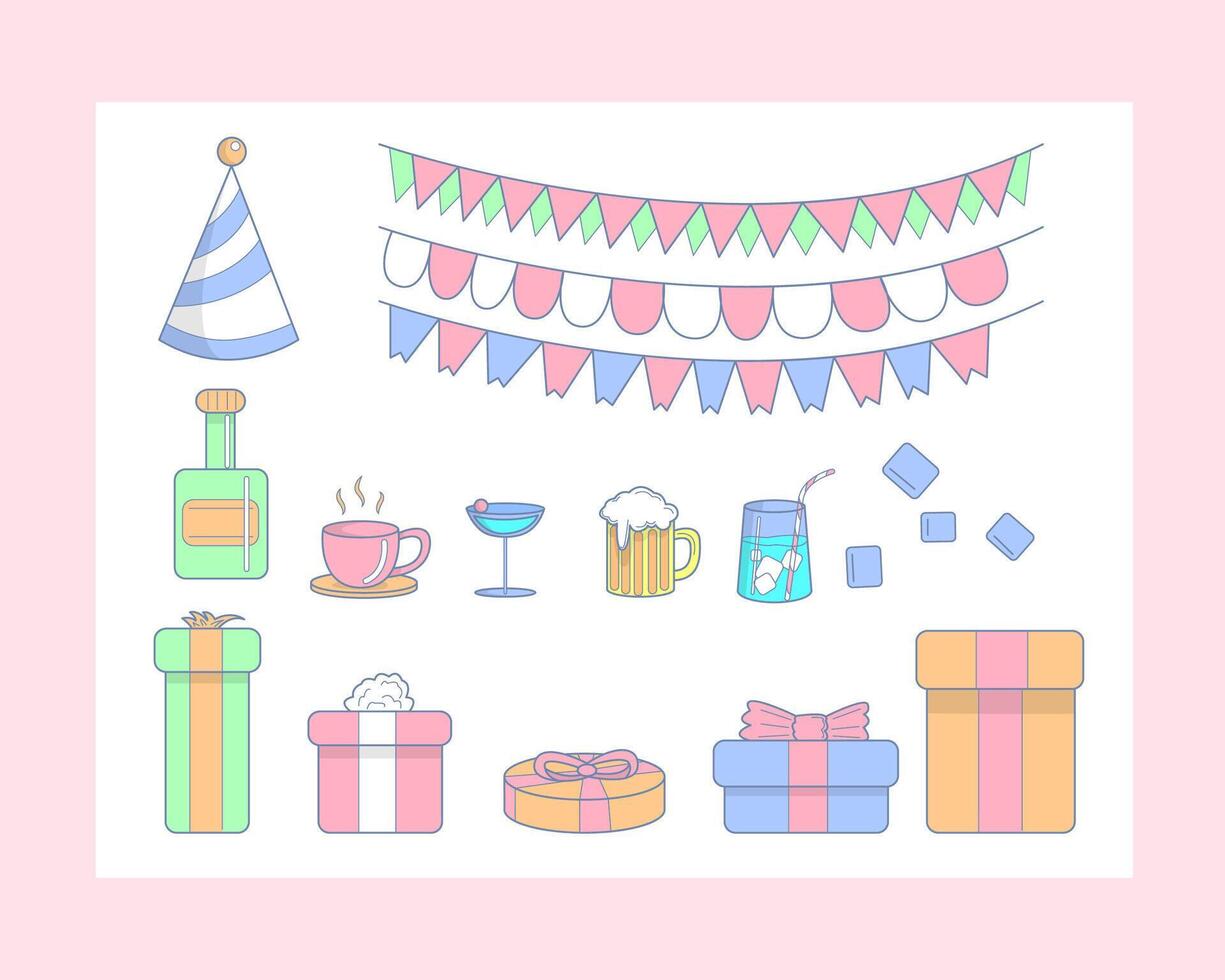 Big bundle of isolated vector elements for birthday party decoration and calibration, flat Colorful vector icon illustration