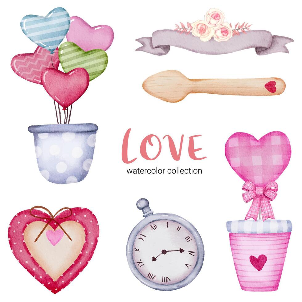 Set of big isolated watercolor valentine concept element lovely romantic red-pink hearts for decoration, Vector illustration.