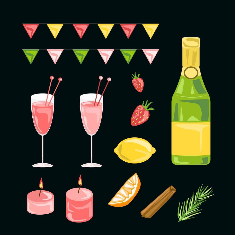 gran paquete de elementos vectoriales aislados para comida de fiesta de cumpleaños, decoración y calibración, ilustración de icono de vector plano colorido