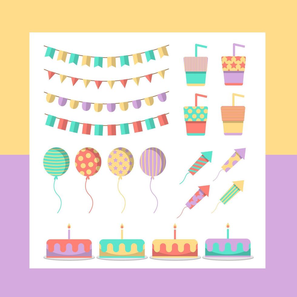 gran paquete de elementos vectoriales aislados para la decoración y calibración de la fiesta de cumpleaños, ilustración de icono de vector plano colorido