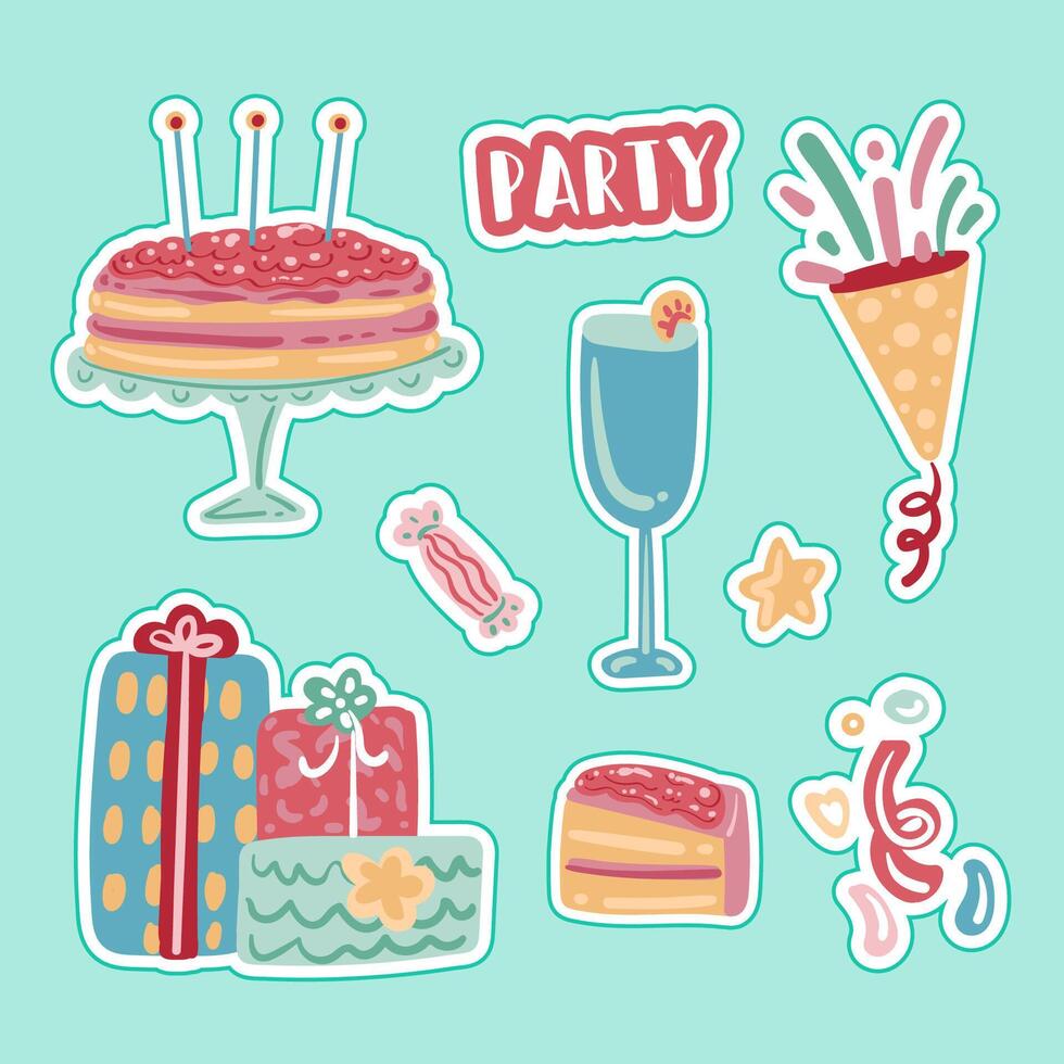 gran paquete de elementos vectoriales aislados para la decoración y calibración de la fiesta de cumpleaños, ilustración de icono de vector plano colorido