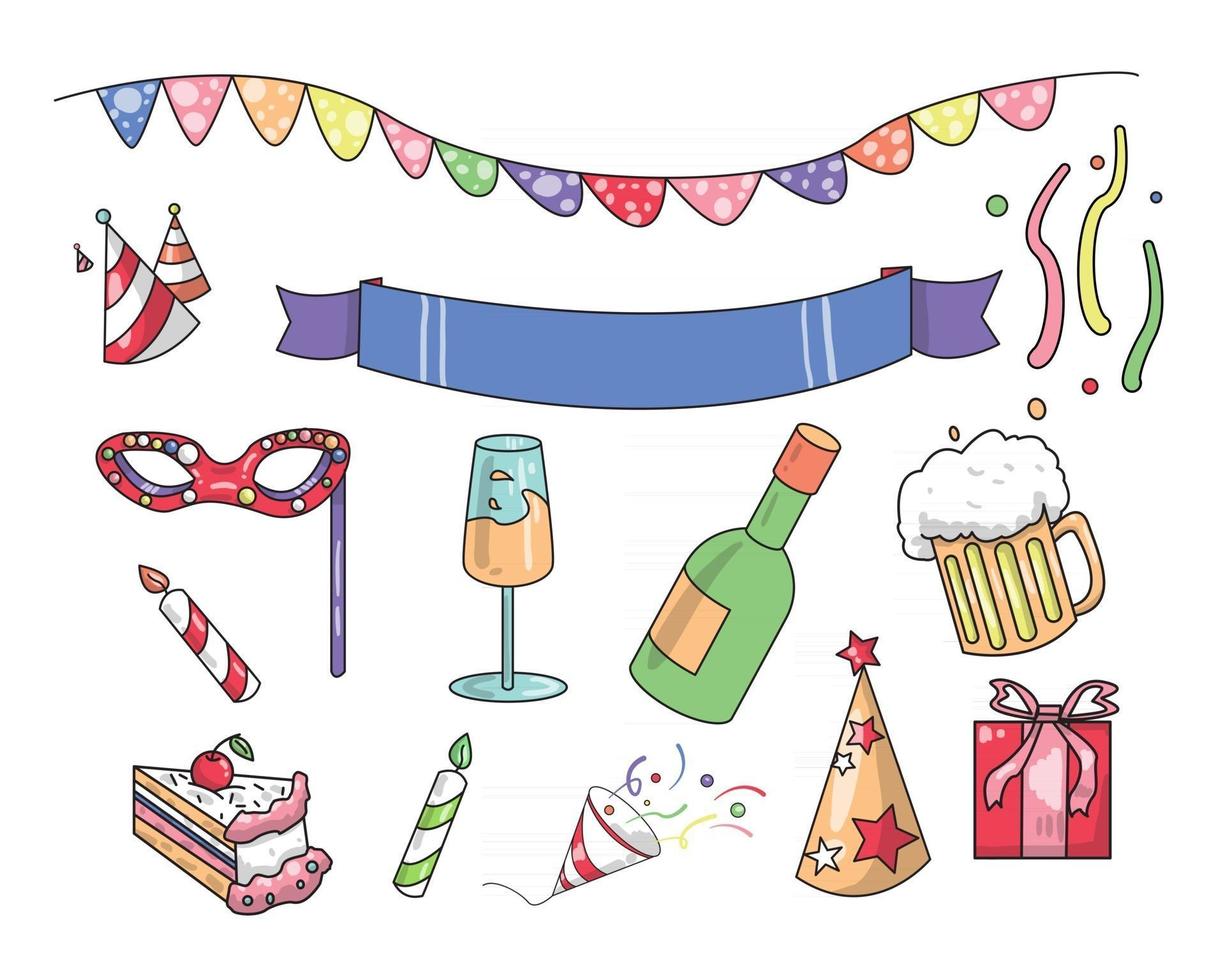 Big bundle of isolated vector elements for birthday party decoration and calibration, flat Colorful vector icon illustration