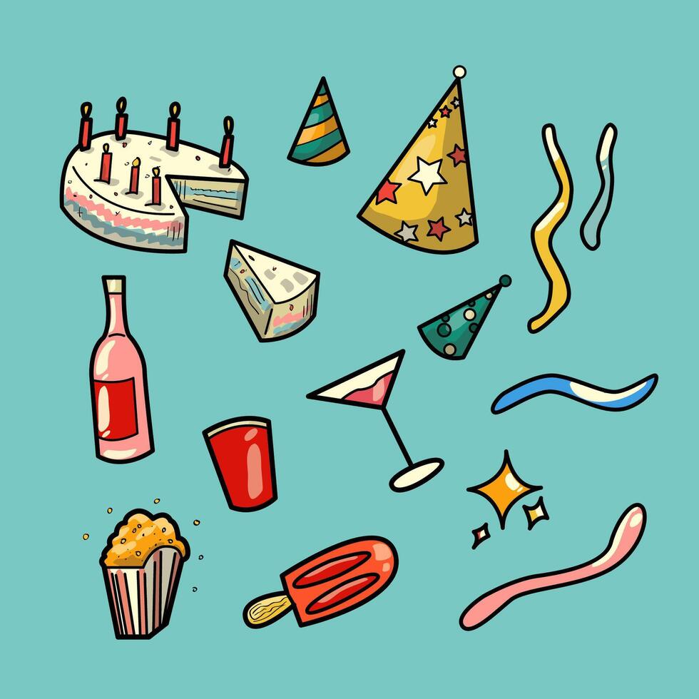 Big bundle of isolated vector elements for birthday party decoration and calibration, flat Colorful vector icon illustration