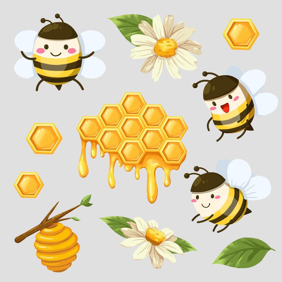 bundle of isolated cute bee and honeycomb in cartoon characters collection vector