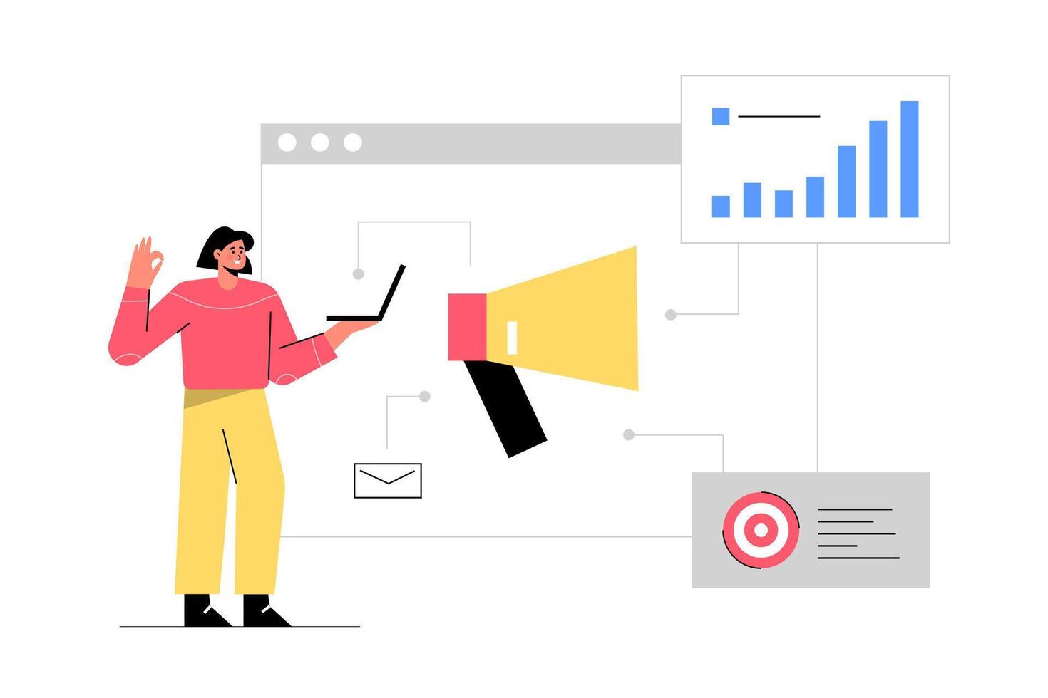 Big isolated employee working in office interior workplace flat vector illustration, cheering success, thinking new, problem solving,  business theme