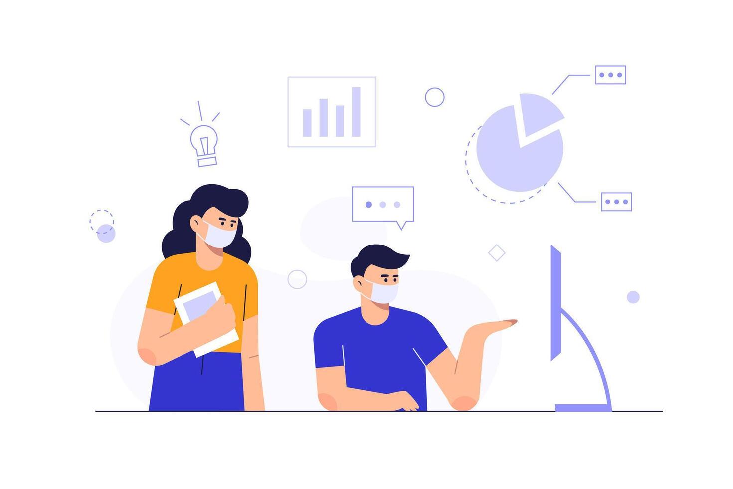 Big isolated employee working in office interior workplace flat vector illustration, cheering success, thinking new, problem solving,  business theme