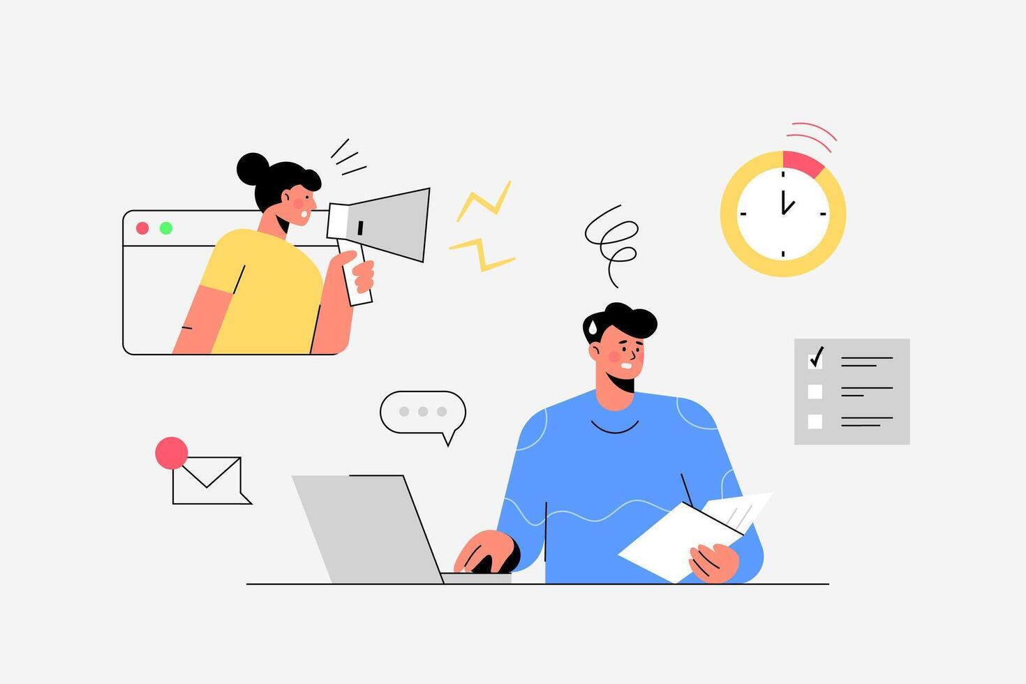 Big isolated employee working in office interior workplace flat vector illustration, cheering success, thinking new, problem solving,  business theme