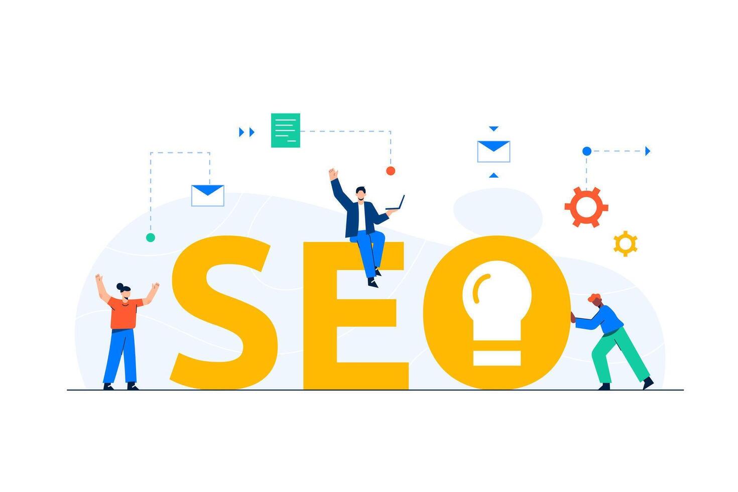 Big isolated employee working in office interior workplace flat vector illustration, cheering success, thinking new, problem solving,  business theme
