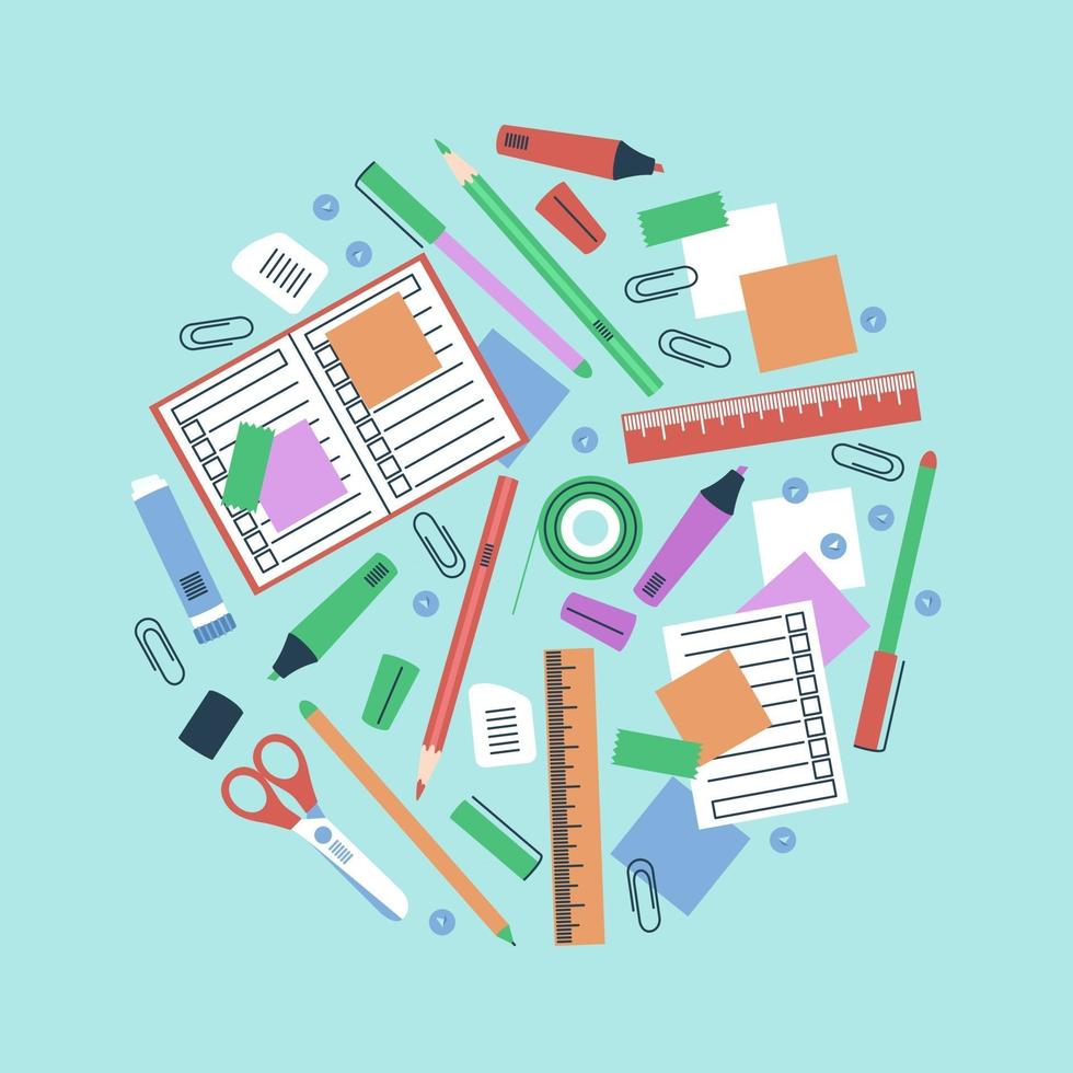 Stationery in a circle composition for school items vector