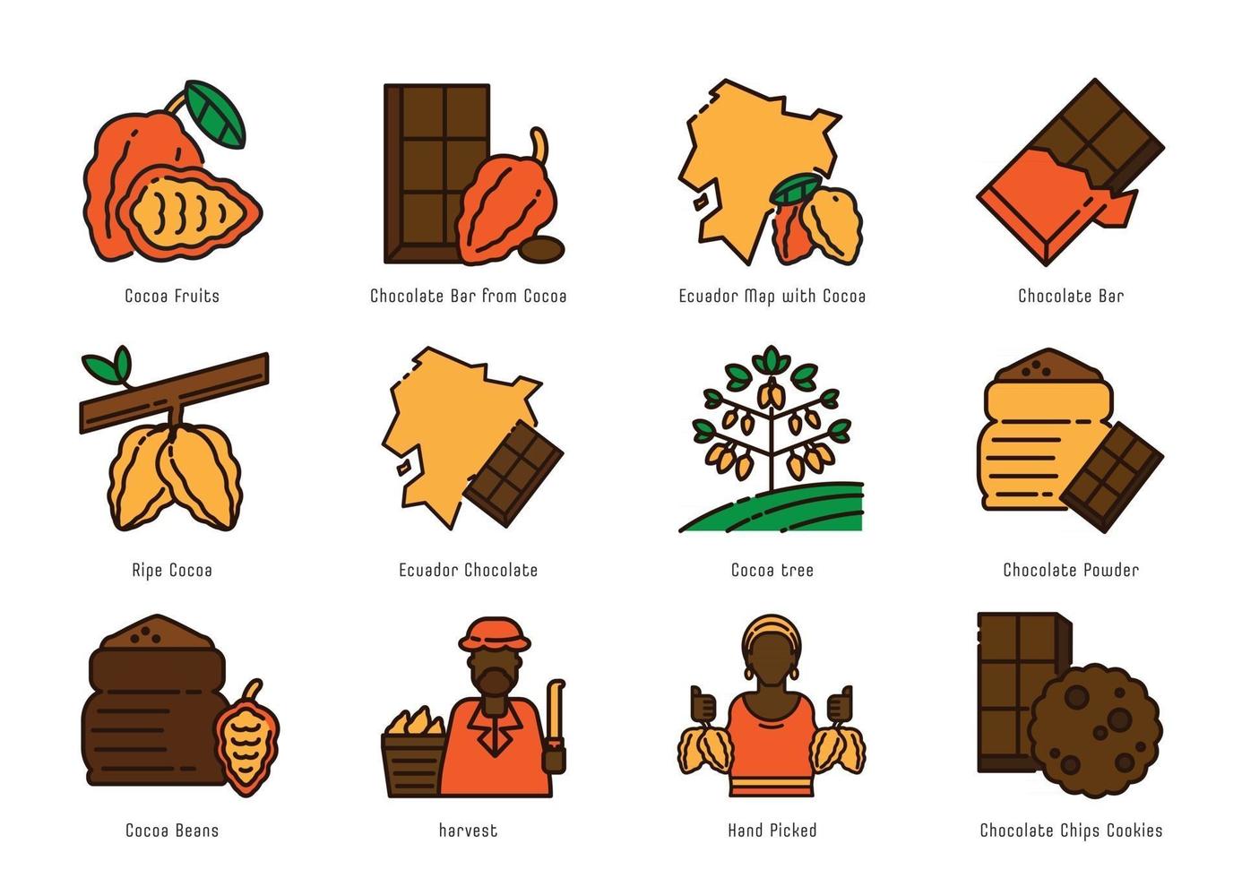 conjunto de iconos de origen de cacao de ecuador vector