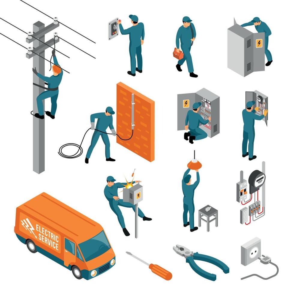 Ilustración de vector de colección de iconos isométricos de electricista