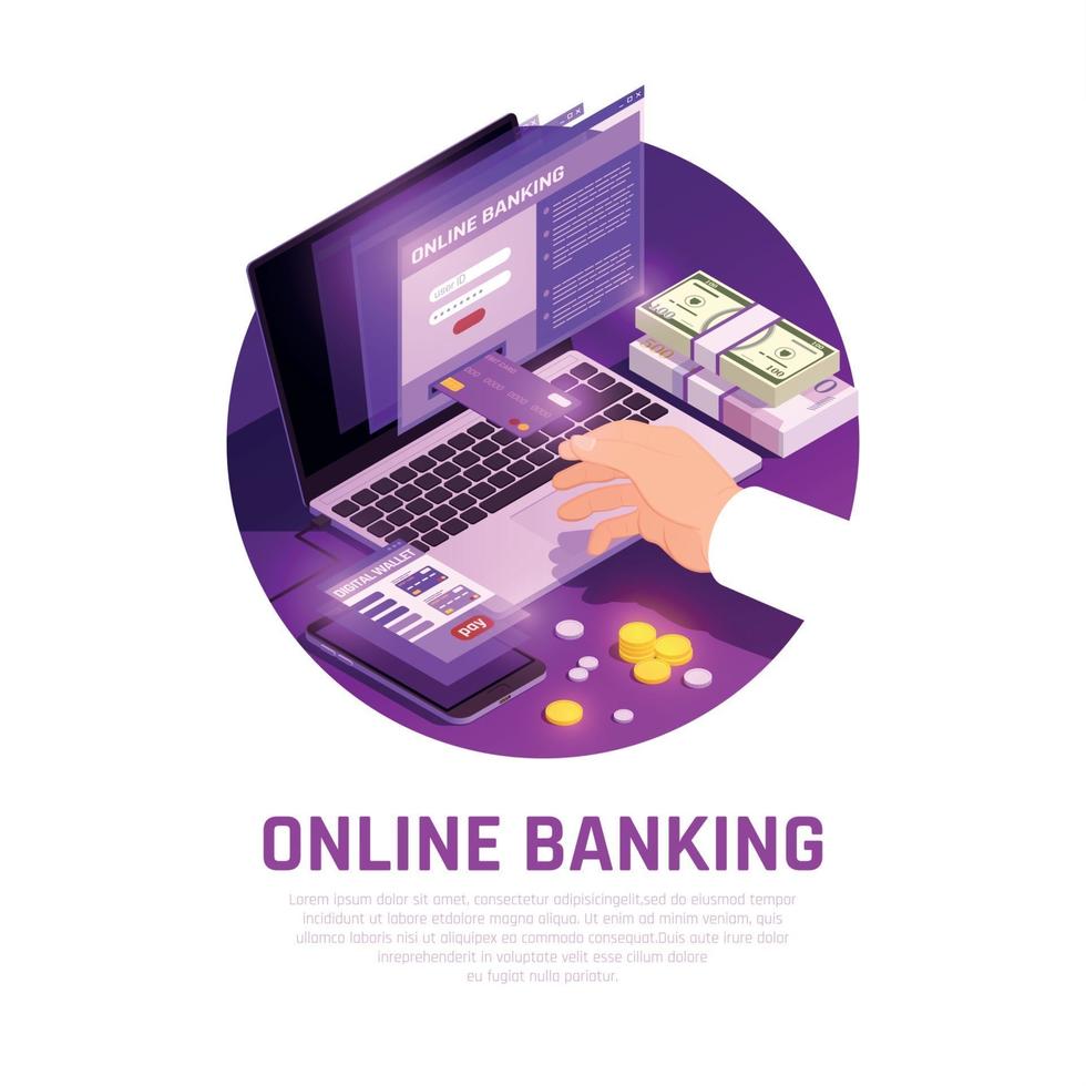 Online Banking Isometric Round Composition Vector Illustration