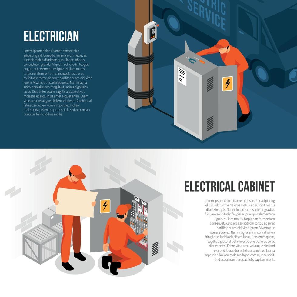 Electrician Isometric Banners Vector Illustration