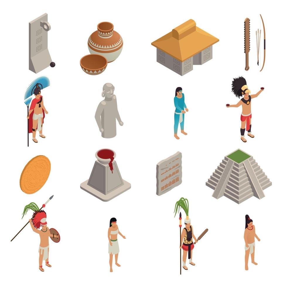 Maya Civilization Isometric Icons Vector Illustration