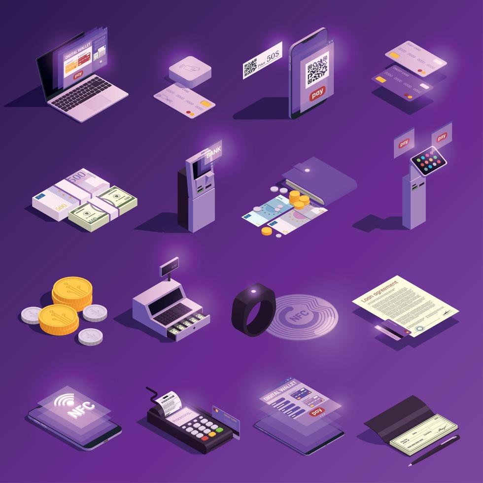 Payment Methods Glowing Isometric Icons Vector Illustration