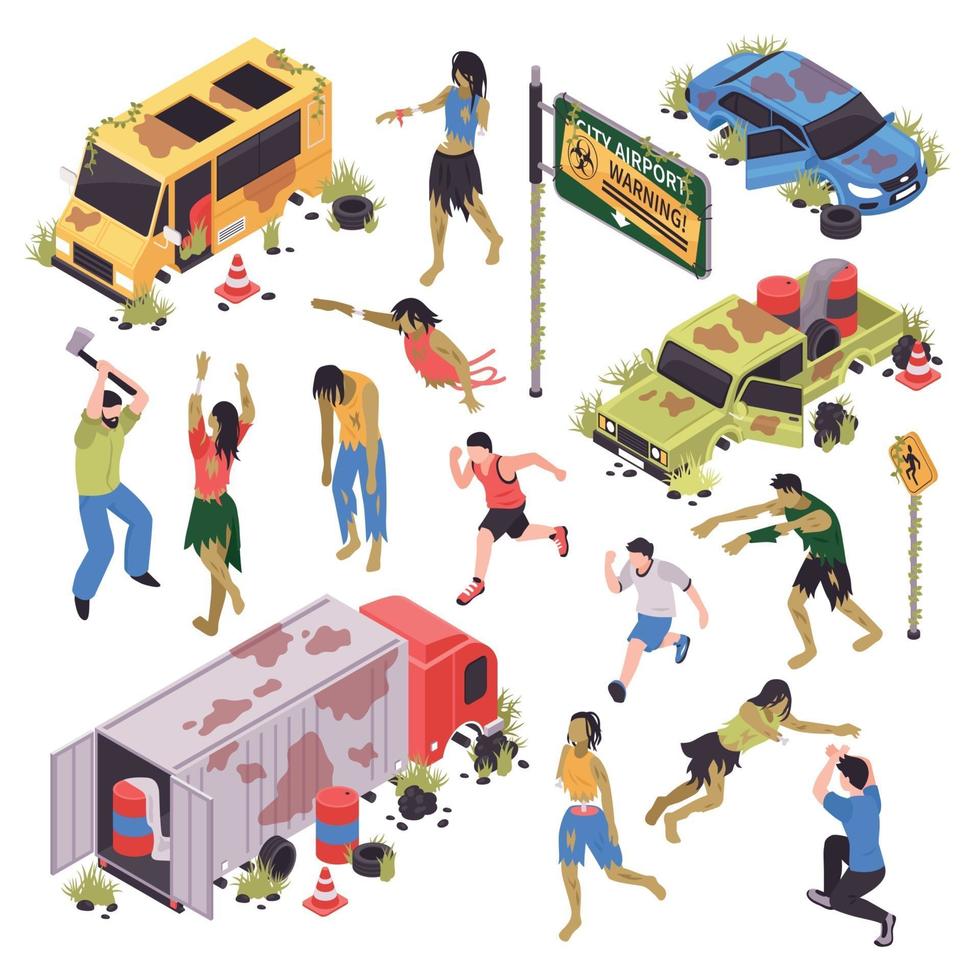 Isometric Zombie Attack Set Vector Illustration