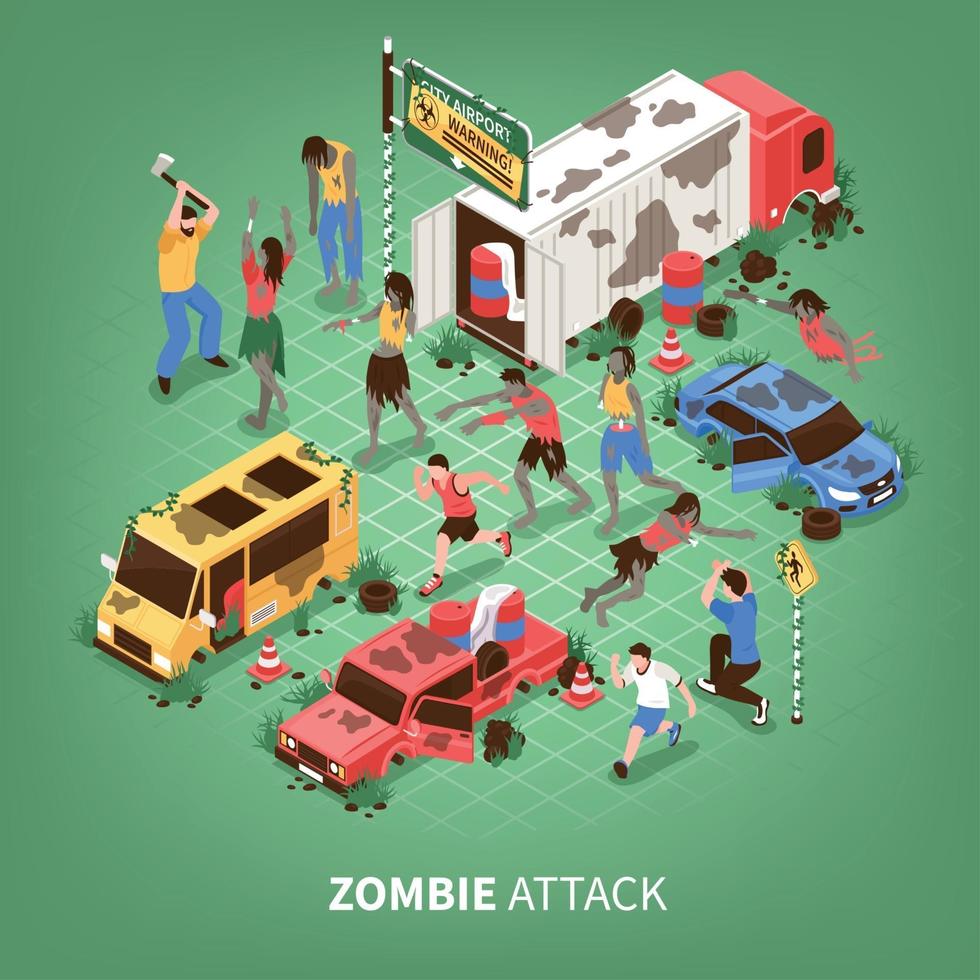 Ilustración de vector de fondo isométrico de apocalipsis zombie