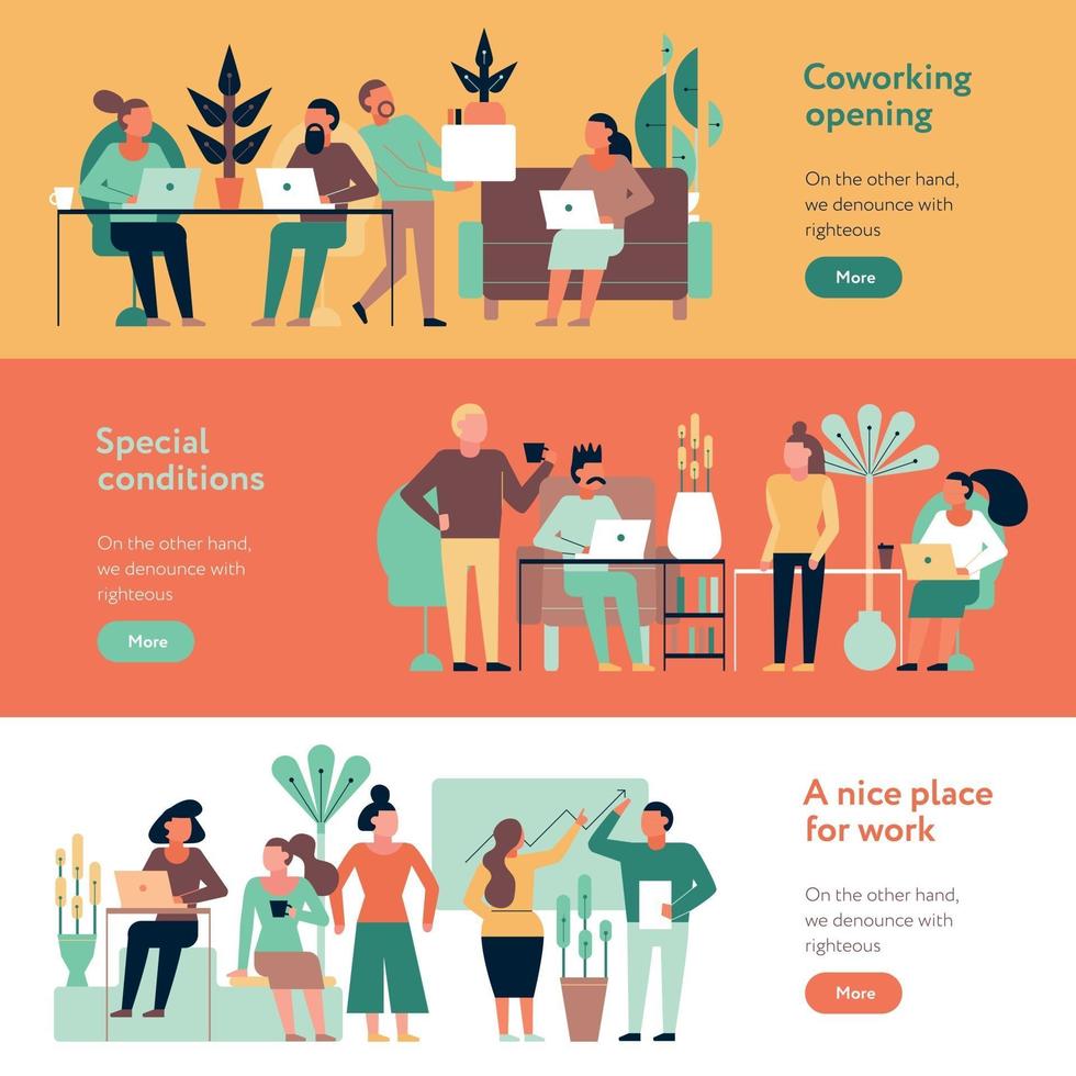 Conjunto de banners de personas de coworking ilustración vectorial vector