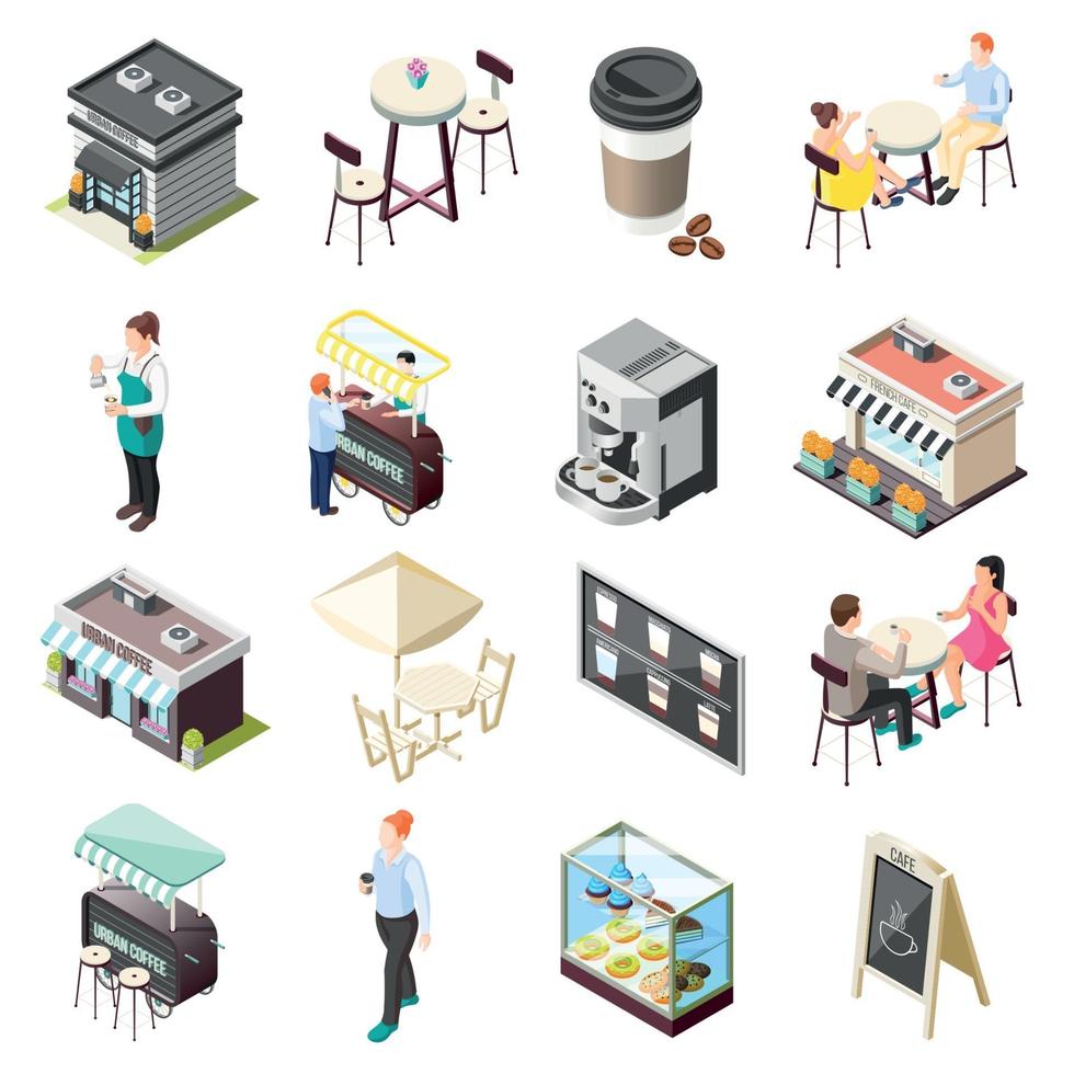 Street Coffee Isometric Icons Set Vector Illustration