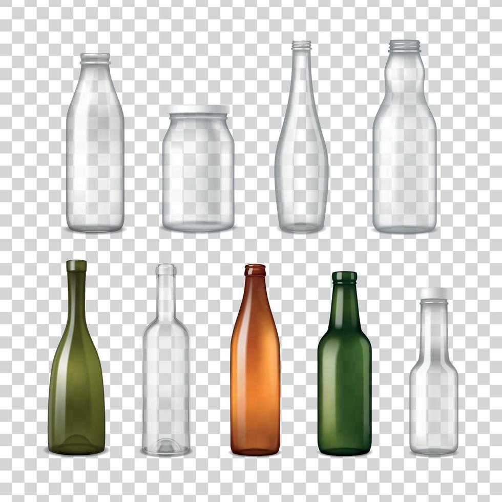 Realistic Glass Bottles Transparent Set Vector Illustration