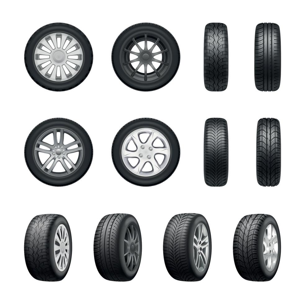 Tires Wheels Realistic Set Vector Illustration