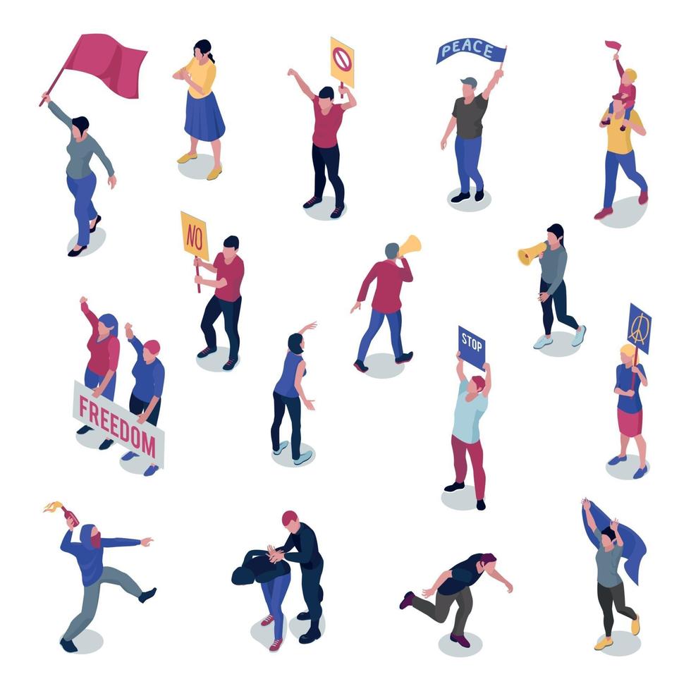 Protesting People Isometric Set Vector Illustration