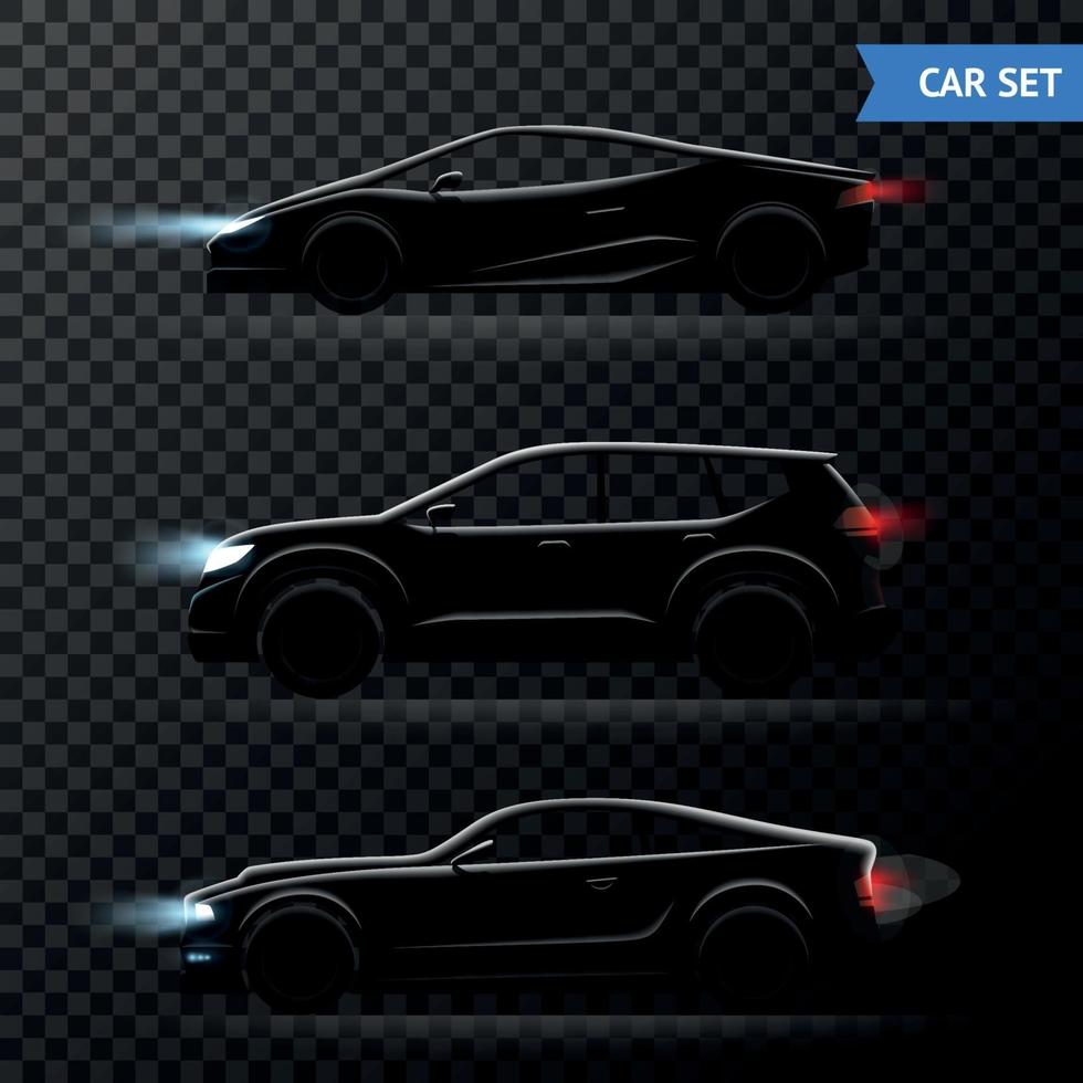 Realistic Car Dark Transparent Icon Set Vector Illustration