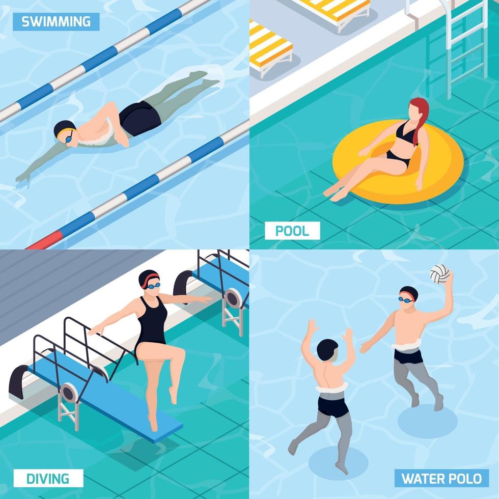 Swimming Pool Isometric Concept Icons Set Vector Illustration