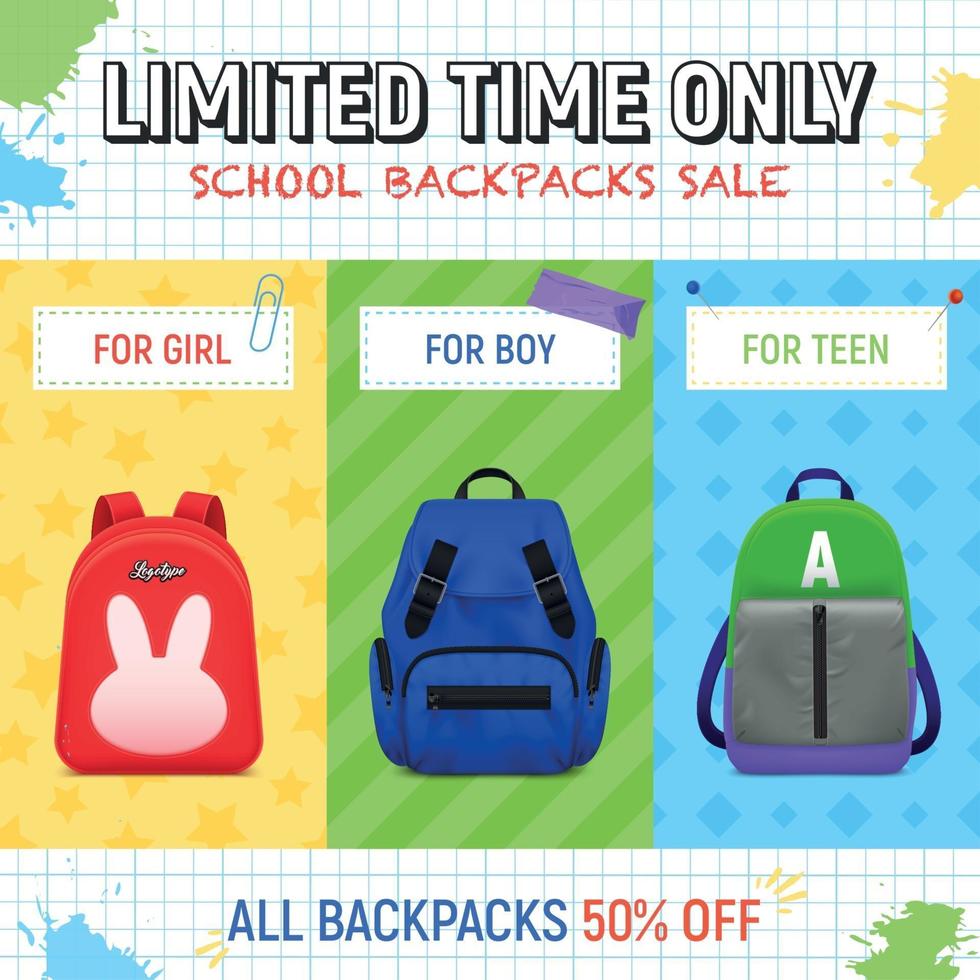 School Backpacks Sale Background Vector Illustration