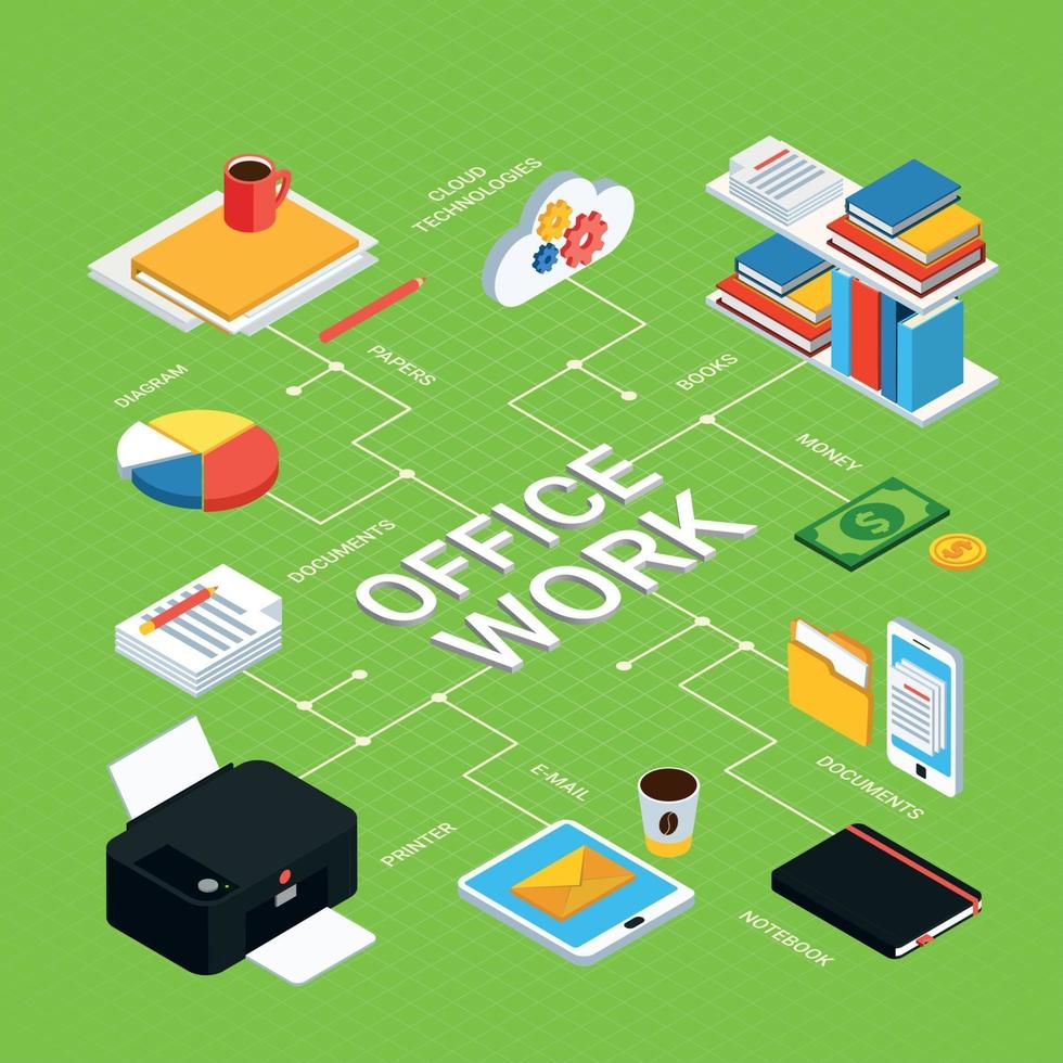 Office Work Isometric Background Vector Illustration